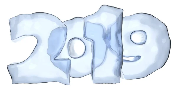 Happy New Year Sign Text 2019には 澄んだ青い氷 冬の氷のシンボル3Dイラストが白で孤立して書かれています — ストック写真