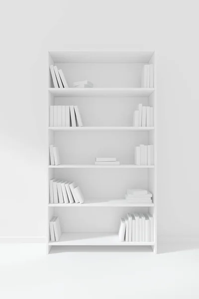 White Bookcase White Floor Wall Many Books Bookshelves Colorless Bleached — Stock Photo, Image