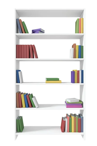 直接光 3Dイラストの下で白に隔離された本棚に多くの異なる色の本を持つホワイトブックケース — ストック写真