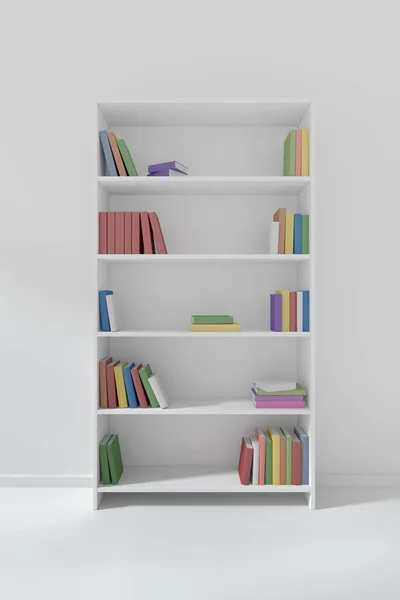 White Bookcase Colorless Floor Wall Many Different Color Books Bookshelves — Stock Photo, Image