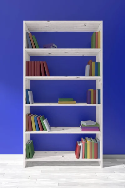 白色木制书架上的白色木制书架 大约有蓝色的墙壁 书架上有许多不同的书籍 3D插图 — 图库照片