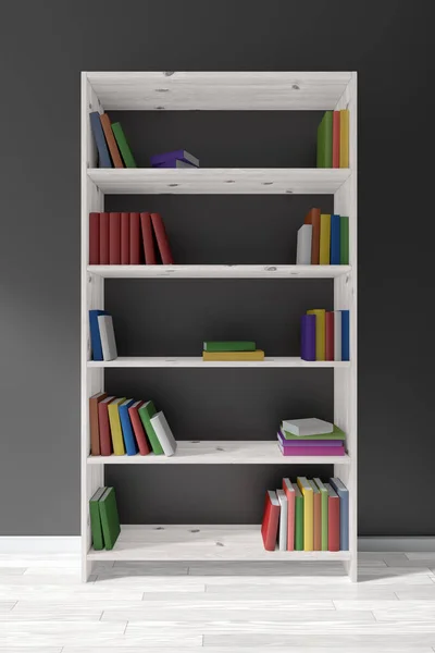 白色木制书架在白色的白色地板上关于黑墙 书架上有许多不同的书籍 3D插图 — 图库照片