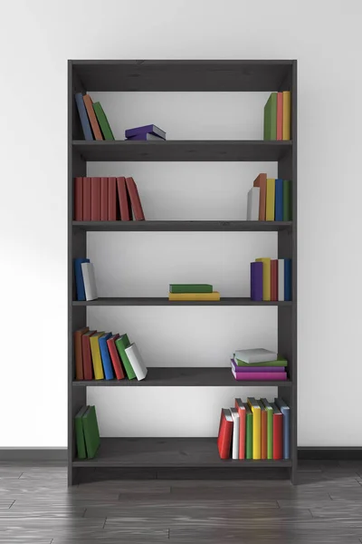 書棚の上の多くの異なる本と白い壁についての黒い寄木細工の床の上の黒い木製の本棚 3Dイラスト — ストック写真