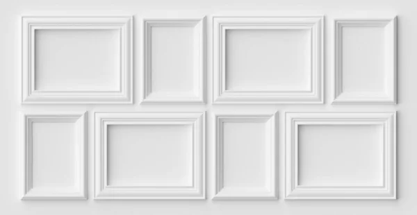 白色空白相框或白色墙壁上有阴影的相框 白色无色相框模板集 艺术框模型3D插图 — 图库照片