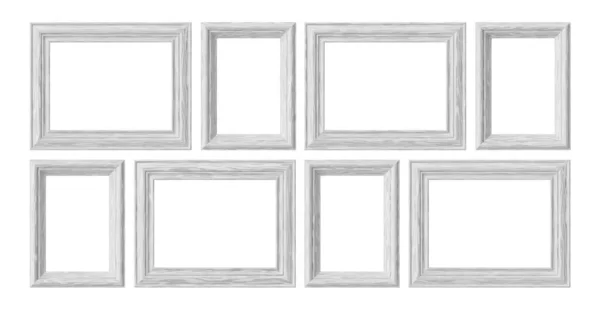 白色木制空白相框 用于在白色背景上隔离的图片或照片 装饰木制相框模板集 艺术框模型三维插图 — 图库照片