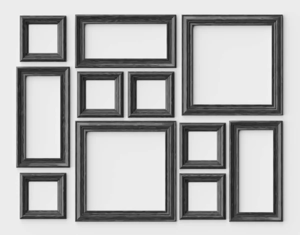 Μαύρο Ξύλο Κενό Φωτογραφία Κορνίζες Εικόνα Λευκό Τοίχο Σκιές Διακοσμητικά — Φωτογραφία Αρχείου