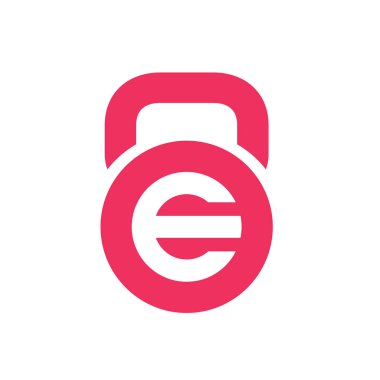 E harfi kettlebell logo tasarım şablonu vektörü
