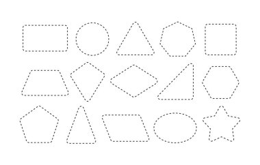 Temel 2d şekil seti, geometrik şekillerin iz sürme çizgisi, vektör illüstrasyonu