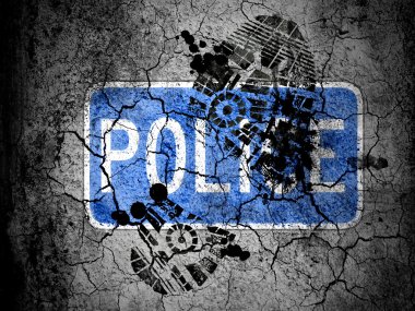 Polis yol işaret vignette kirli yağ ayak izi ile kırık zemin üzerine boyanmış