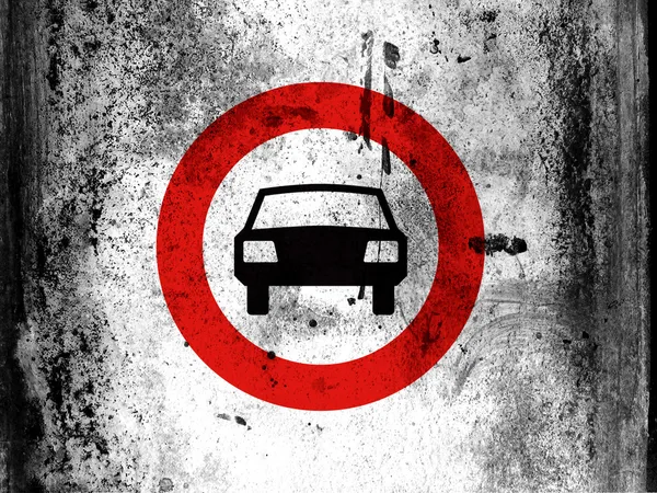 No car movement road sign painted on board with grungy dirty stains all over it — Stockfoto