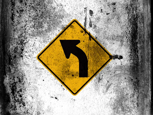 Turn road sign painted on board with grungy dirty stains all over it — Stock Photo, Image