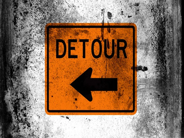 Detour road sign painted on board with grungy dirty stains all over it — Stock Photo, Image