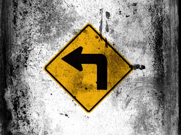 Turn road sign painted on board with grungy dirty stains all over it — Stock Photo, Image