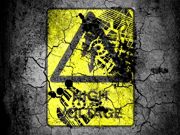 High voltage sign drawn at cracked ground with vignette with dirty oil footprint over it — Stock Photo, Image