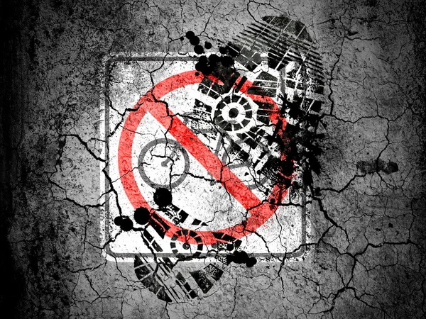 No bicycle road sign painted on cracked ground with vignette with dirty oil footprint over it — Stock Photo, Image