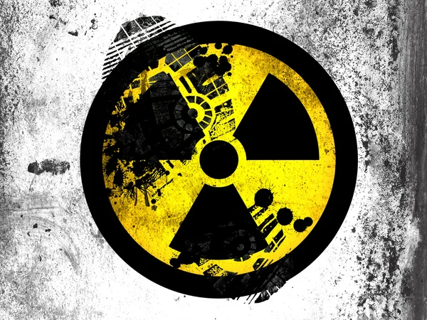 Nuclear radiation symbol painted on whiteboard with dirty footprint on it — Stock Photo, Image