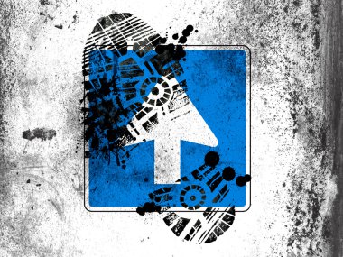 Üzerinde kirli ayak izleri olan beyaz tahta üzerine ön yol işareti.