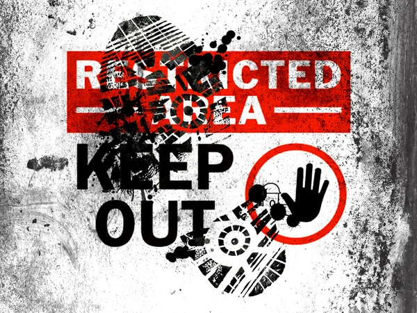 Restricted area sign painted on whiteboard with dirty footprint on it — Stock Photo, Image