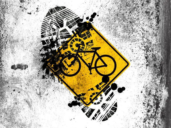 지저분 한 자국 이 있는 화이트보드에 그려진 자전거 도로 표지판 — 스톡 사진