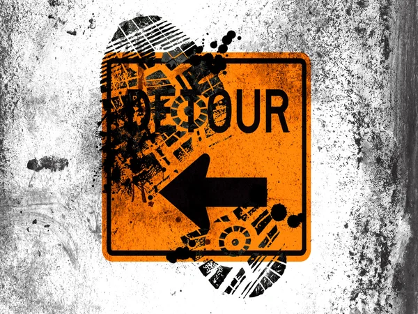 Detour road sign painted on whiteboard with dirty footprint on it — Stock Photo, Image