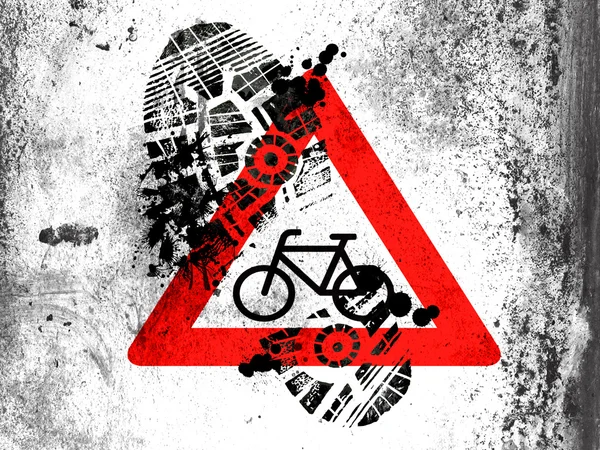 Bicycle road sign painted on whiteboard with dirty footprint on it — Stock Photo, Image