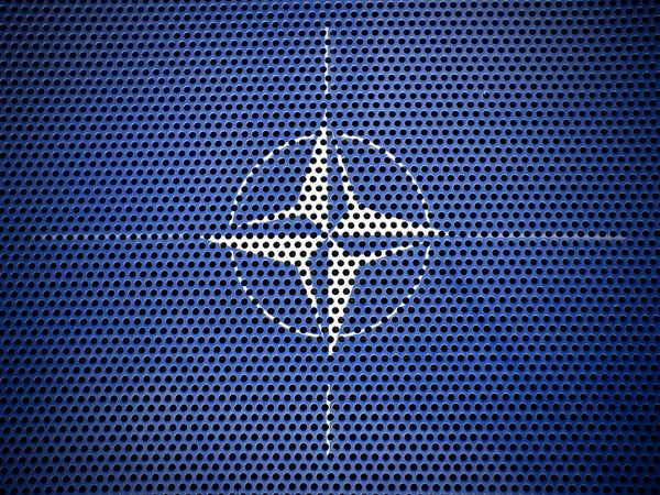 NATO symbol painted on metall grill — Zdjęcie stockowe