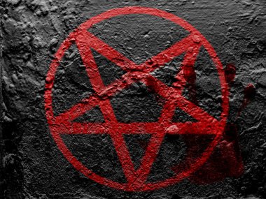 Kanlı palmprint ile grunge duvar üzerine boyanmış pentagram sembolü