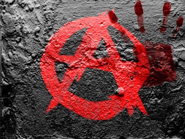 Anarchy symbol painted on grunge wall with bloody palmprint over it clipart