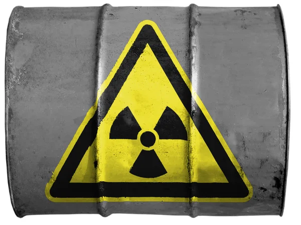 Nuclear radiation sign drawn on oil barrel — Stock Photo, Image