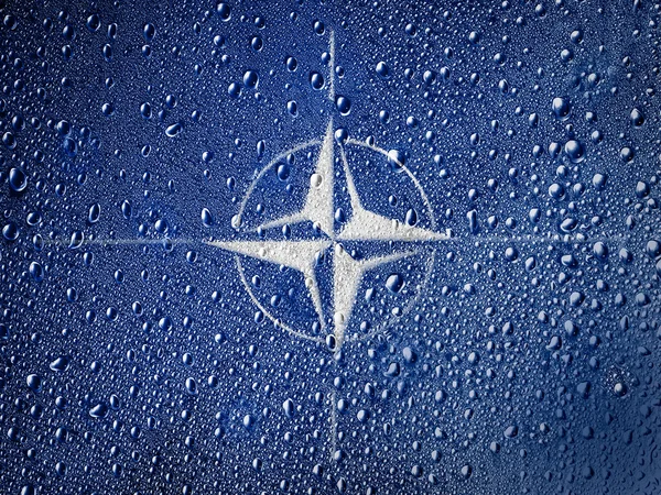 Nato simge boyalı metal yüzeye yağmur damlaları ile kaplı — Stok fotoğraf