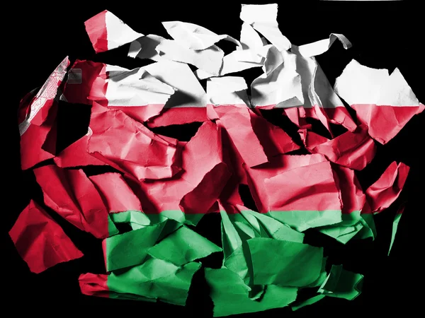 Флаг Омана раскрашен на кусочках рваной бумаги на черном фоне — стоковое фото
