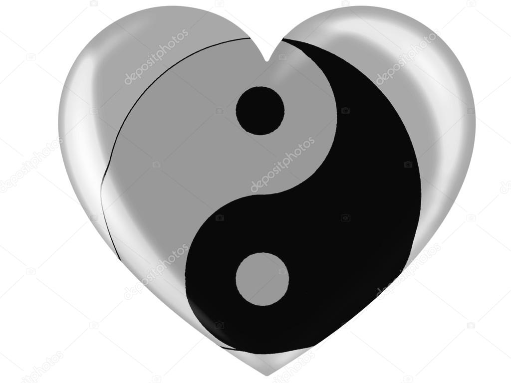 Ying-Yang-Zeichen auf Hochglanz-Herz-Symbol gemalt - Stockfotografie