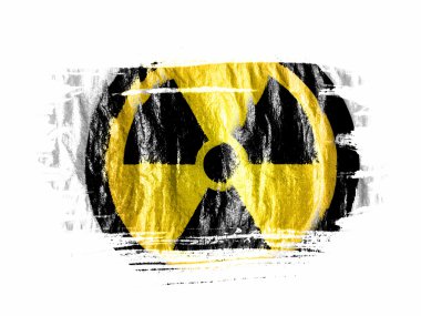 Nükleer radyasyon sembolü ile ıslak beyaz kağıt üzerine suluboya boya boyalı