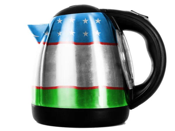 Uzbekistan flag painted on shiny metallic kettle — Stock Photo, Image