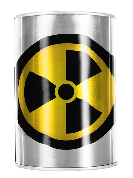 Radioaktiv strålning symbol målad på glänsande plåtburk — Stockfoto