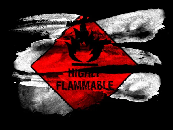 Highly flammable sign drawn on painted on black textured paper with watercolor — Stock Photo, Image