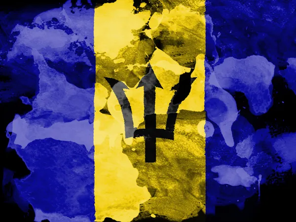 Barbados. Barbadische Flagge mit Aquarell auf schwarzem Papier gemalt — Stockfoto