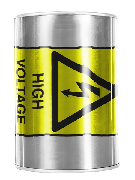 High voltage sign painted on shiny tin can — Stock Photo, Image