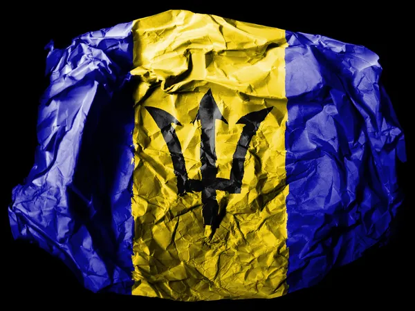 Barbados. Bandera de Barbados pintada sobre papel arrugado sobre fondo negro —  Fotos de Stock