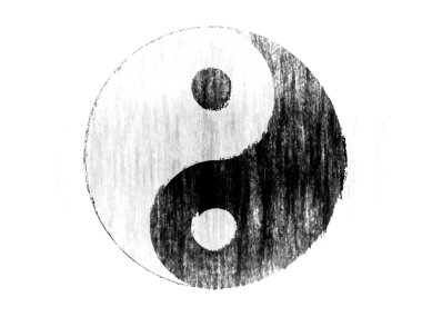 renkli boya kalemi ile beyaz zemin üzerine çizilmiş ying yang işareti