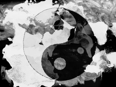 ying yang işareti siyah kağıt üzerine suluboya ile boyanmış.