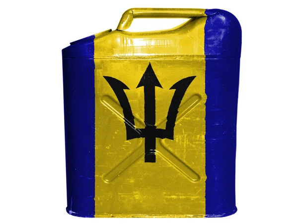 Μπαρμπάντος. σημαία Μπαρμπάντος ζωγραφισμένα με βενζίνη μπορεί ή αέριο μεταλλικό κουτί — Φωτογραφία Αρχείου