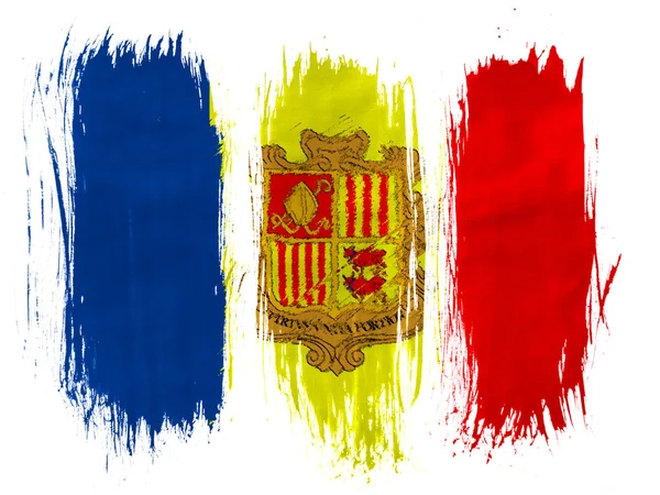 Bandeira de Andorra pintada com 3 pinceladas verticais sobre fundo branco — Fotografia de Stock