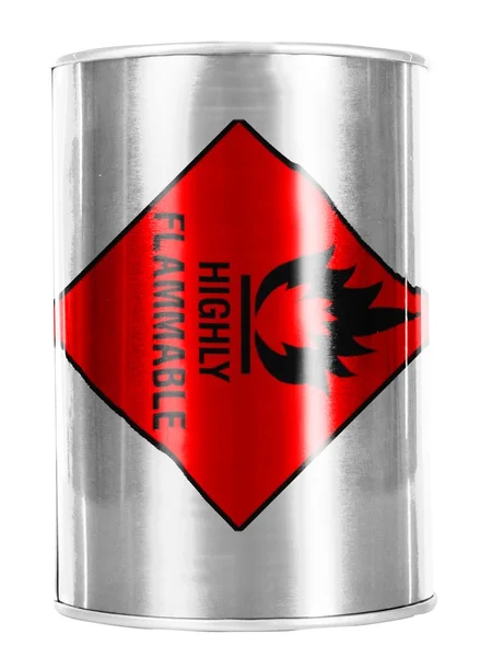 上に塗られた光沢のある缶に描かれた非常に可燃性の記号 — ストック写真