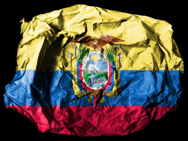 Vlajka Ekvádoru na zmačkaný papír na černém pozadí — Stock fotografie