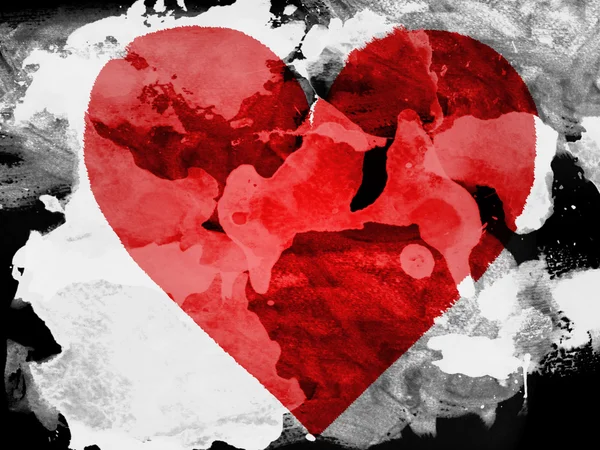 Червоне серце символ, пофарбовані з акварель на папері чорний — стокове фото