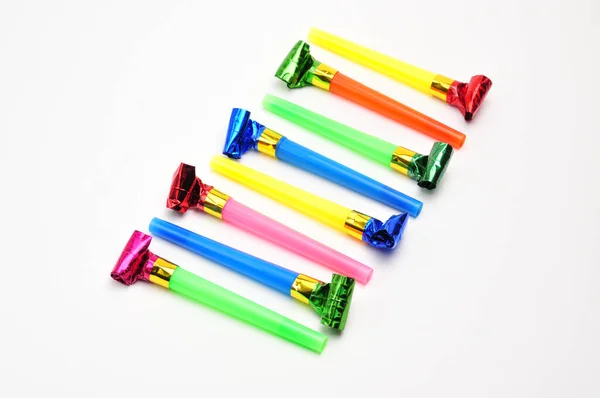 Carnival Whistles Christmas Holidays Different Colors Isolated White Backgroun — Foto Stock