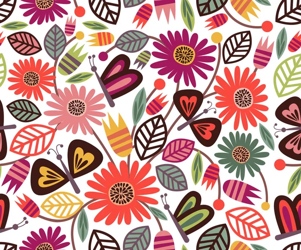 Patrón sin costura floral con mariposas lindas sobre fondo brillante — Vector de stock