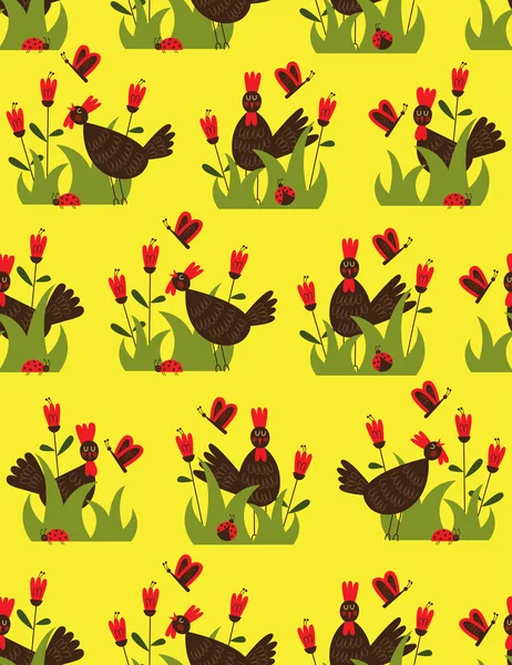 Gallos en fondo floral — Vector de stock