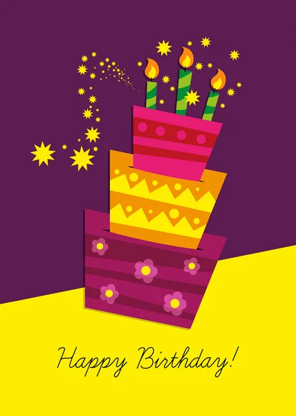 Pastel de cumpleaños con velas y decoraciones — Vector de stock